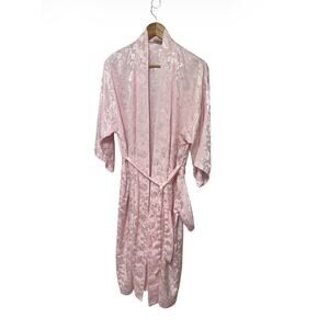 Vintage Jayre California Pink Flowers Satin Robe Size M 3/4 Sleeve Belted USA
